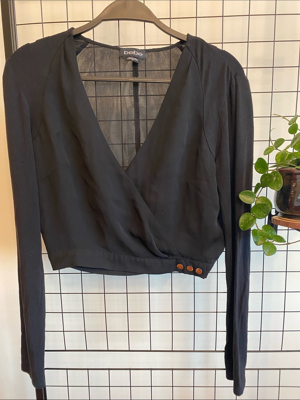 bebe Black Long-Sleeve Wrap Crop Top with Button snap closure small